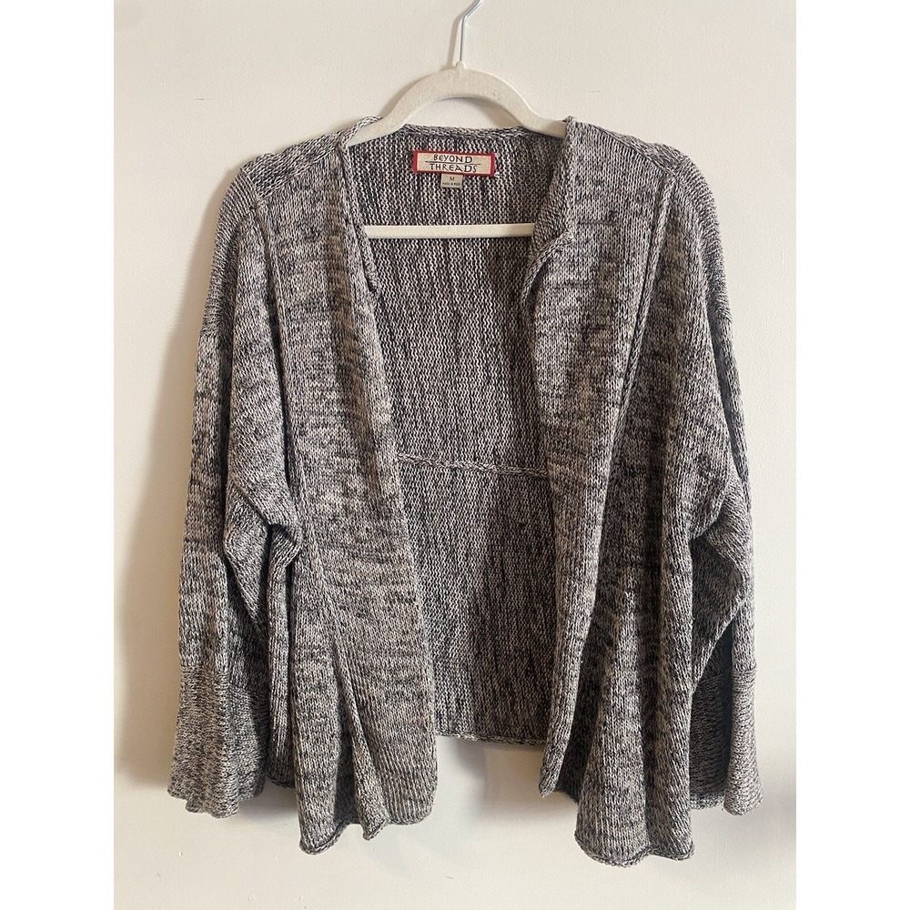 Womens Sweater-BEYOND THREADS-PERU-gray 100% cotton knit open cardigan- Med